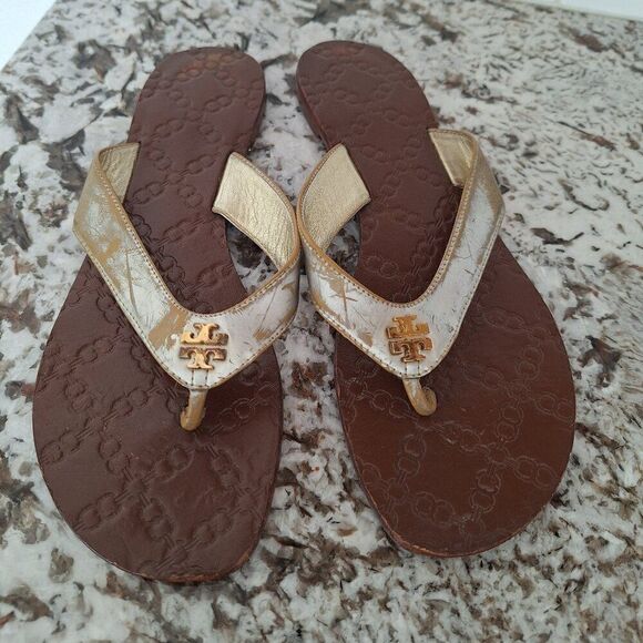 Tory Burch Thora‎ Flip Flop Sandals in Brown silver size 10 - Picture 1 of 9